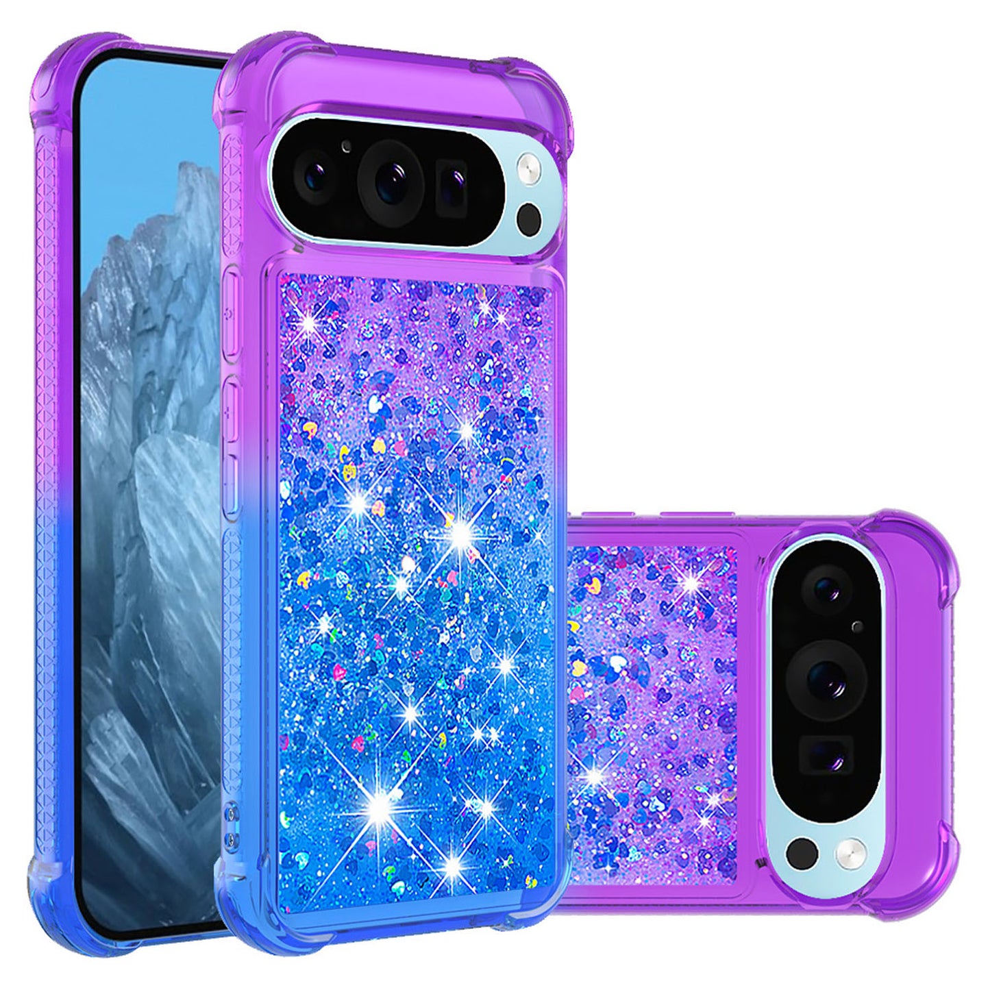 Google Pixel 9 Pro XL Gradient Quicksand Series Bling Liquid TPU Case, Purple&Blue