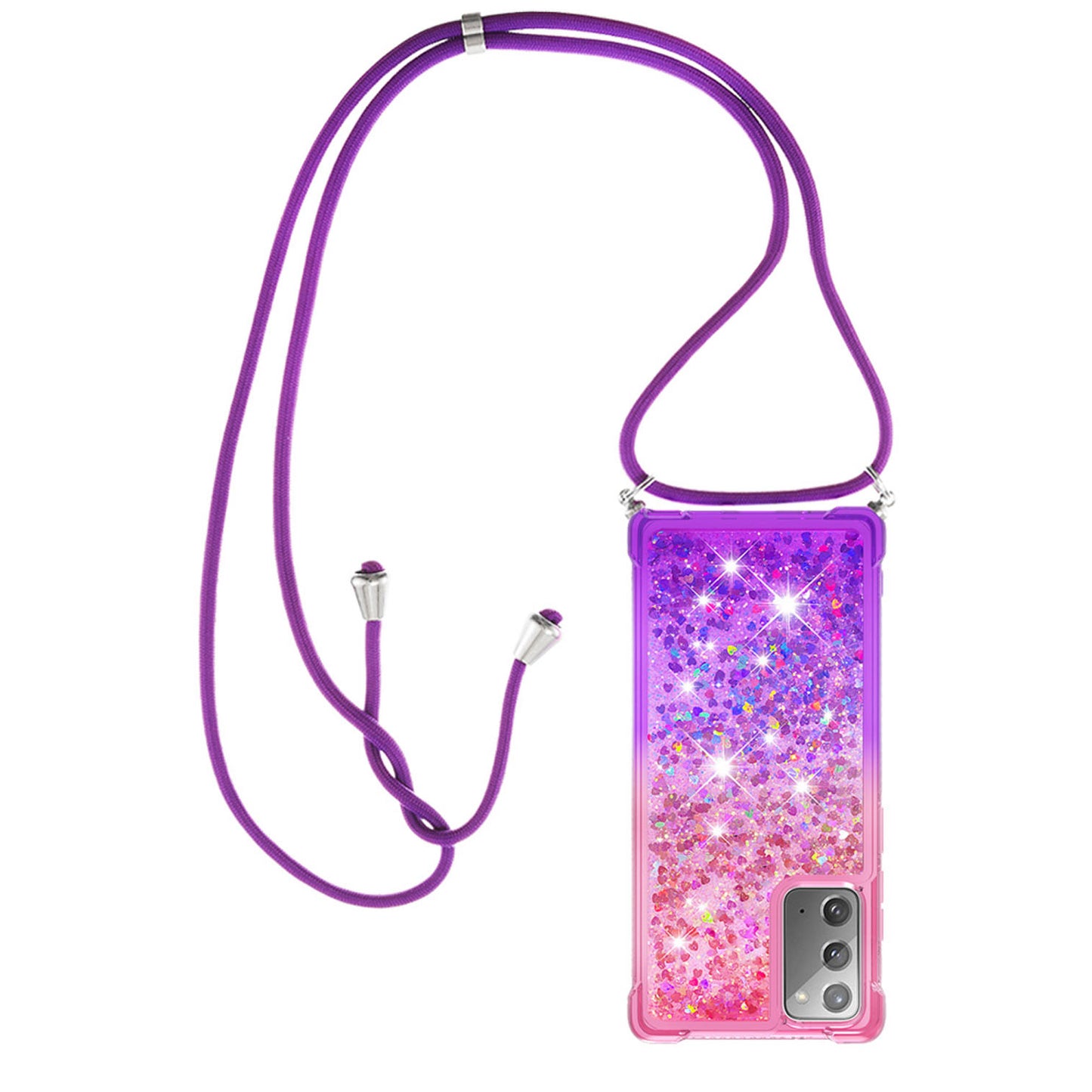 Samsung Galaxy Note20 5G Gradient Quicksand Liquid Shockproof Case with Adjustable Lanyard, PINK&P&LANYARD