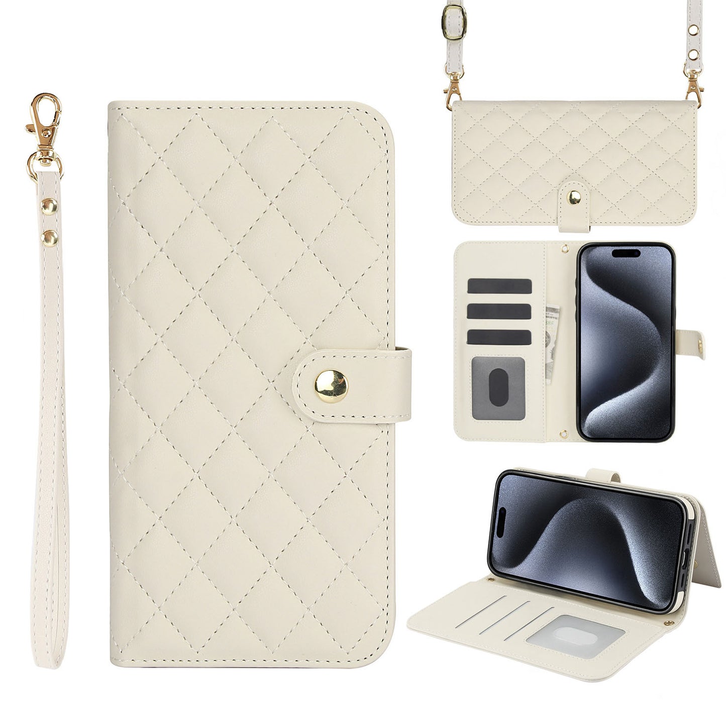 Quilted Leather Crossbody Wallet Case for iPhone 13 Mini with RFID Blocking, White