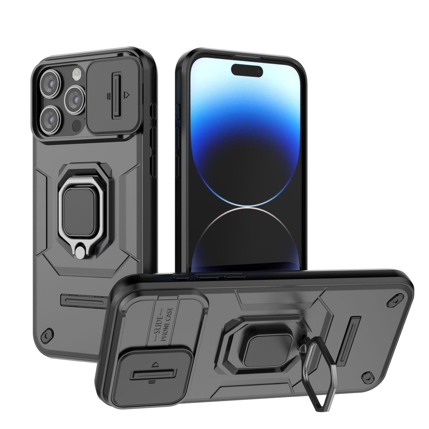 iPhone 15 Pro Heavy Duty Shockproof Case with Built in Slide Camera Lens Cover and Kickstand, Black