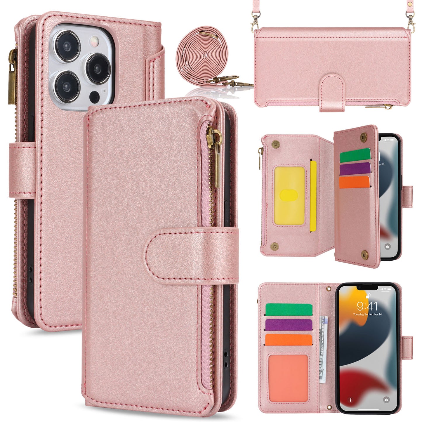 for iPhone 13 Pro Max Wallet Case with RFID Blocking, Rose Gold