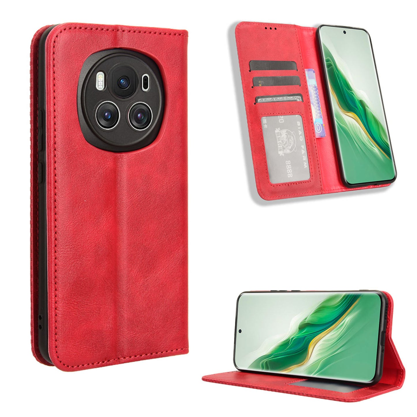 Honor Magic6 Flip Folio Case with Card Holder Hidden Magnetic, Red