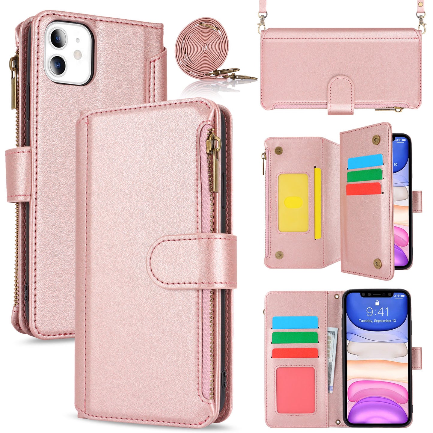 for iPhone 11 Wallet Case with RFID Blocking, Rose Gold