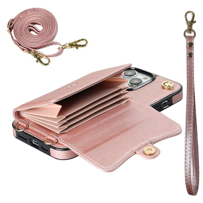 Crossbody Leather Detachable Adjustable Strap Wristlet Flip Case for iPhone 16 Pro Max, Rose Gold