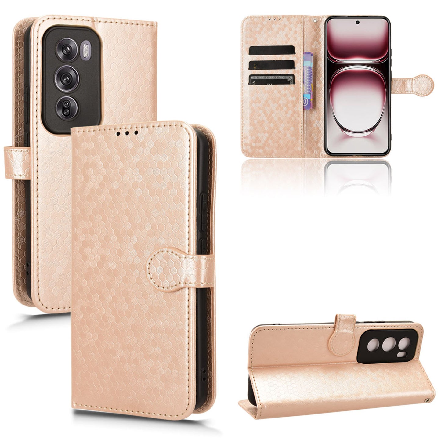 Slim Flip Polka-Dots Phone Case with Card Holder for OPPO Reno12 5G, Rose Gold