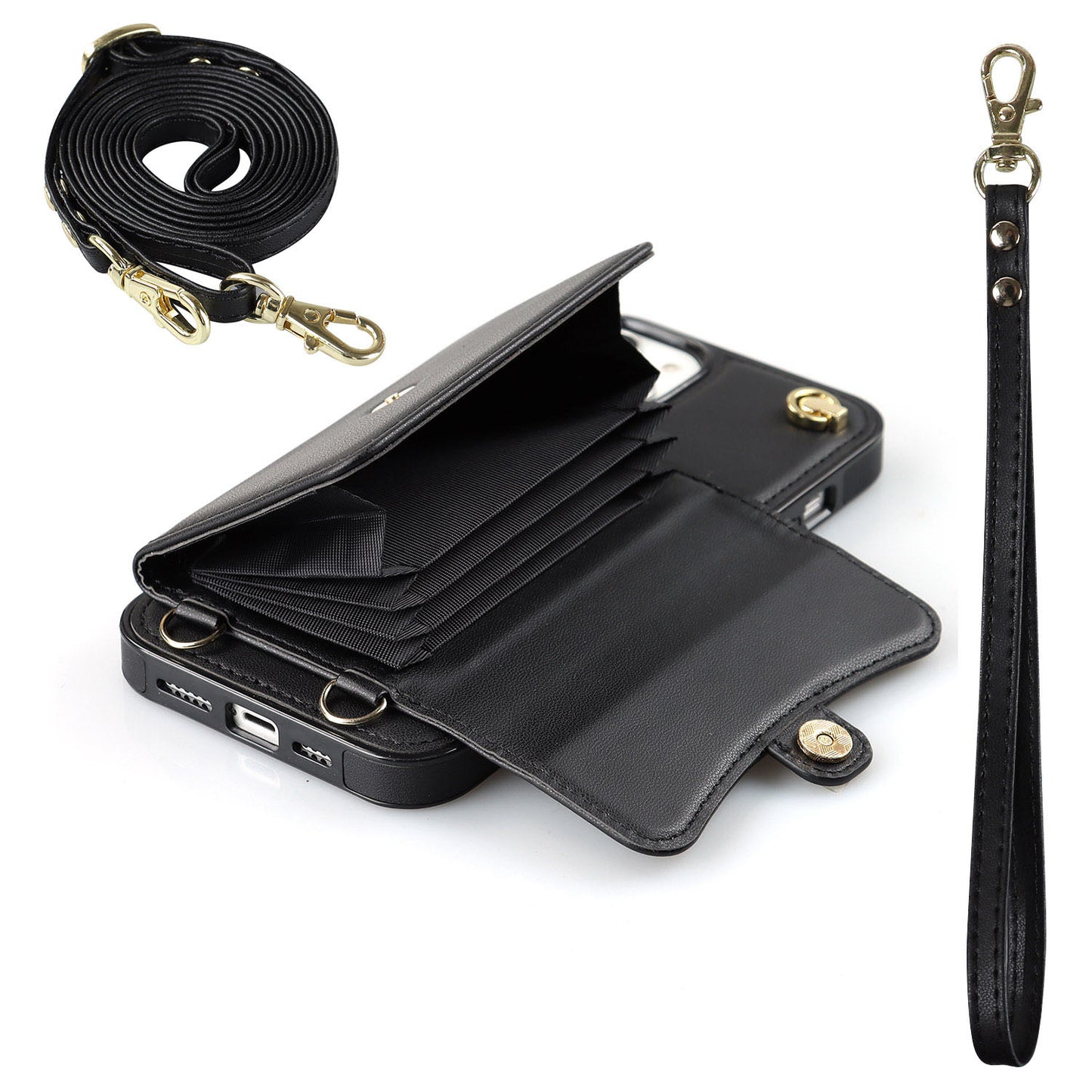 Crossbody Leather Detachable Adjustable Strap Wristlet Flip Case for iPhone 15, Black