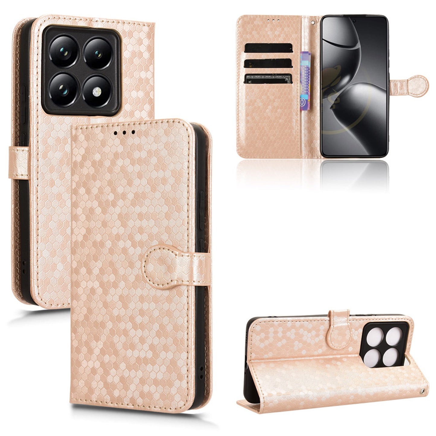 Slim Flip Polka-Dots Phone Case with Card Holder for Xiaomi 14T Pro, Rose Gold