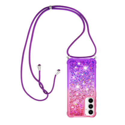 Samsung Galaxy A35 5G Gradient Quicksand Liquid Shockproof Case with Adjustable Lanyard, PINK&P&LANYARD