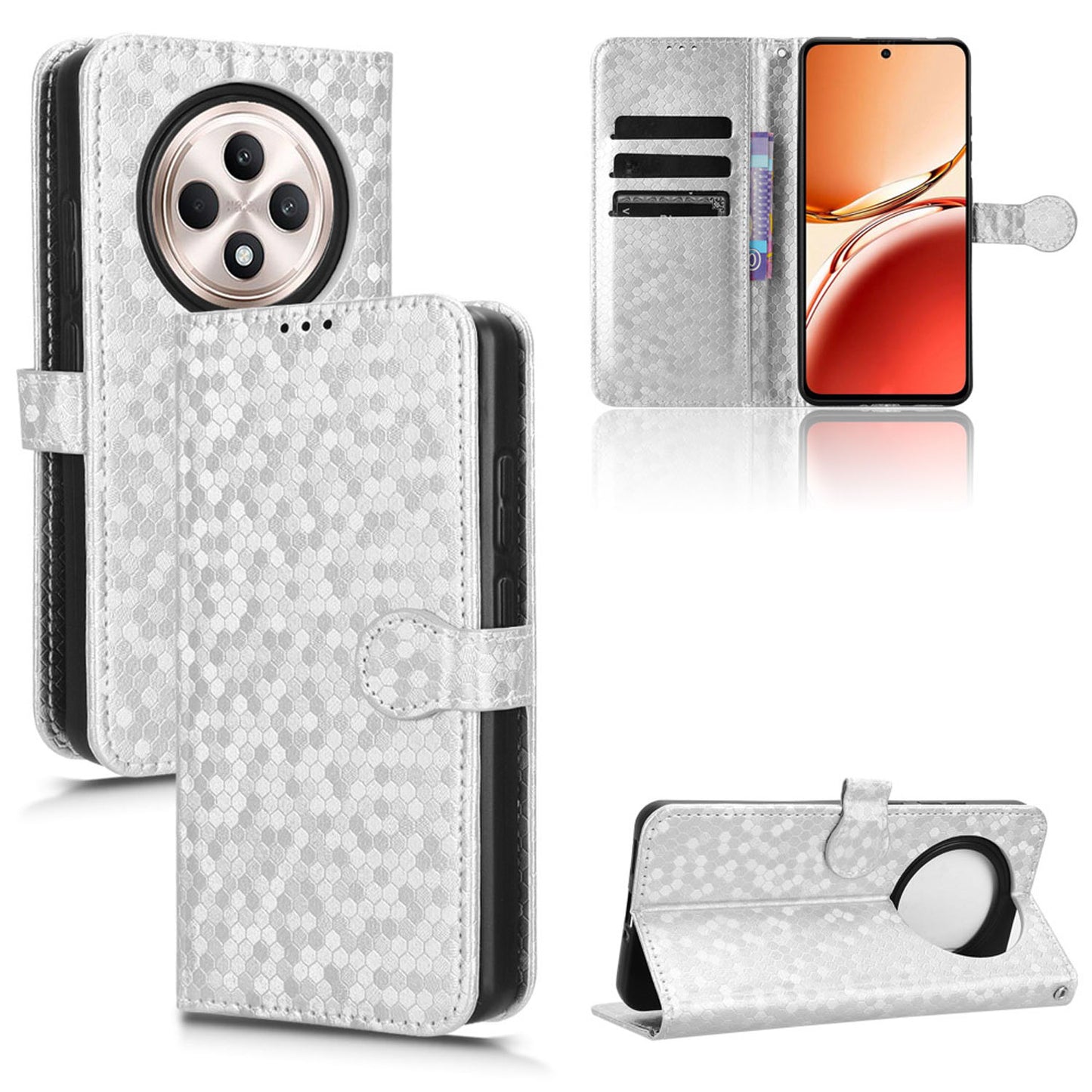 Slim Flip Polka-Dots Phone Case with Card Holder for OPPO Reno12 F 5G, Silver