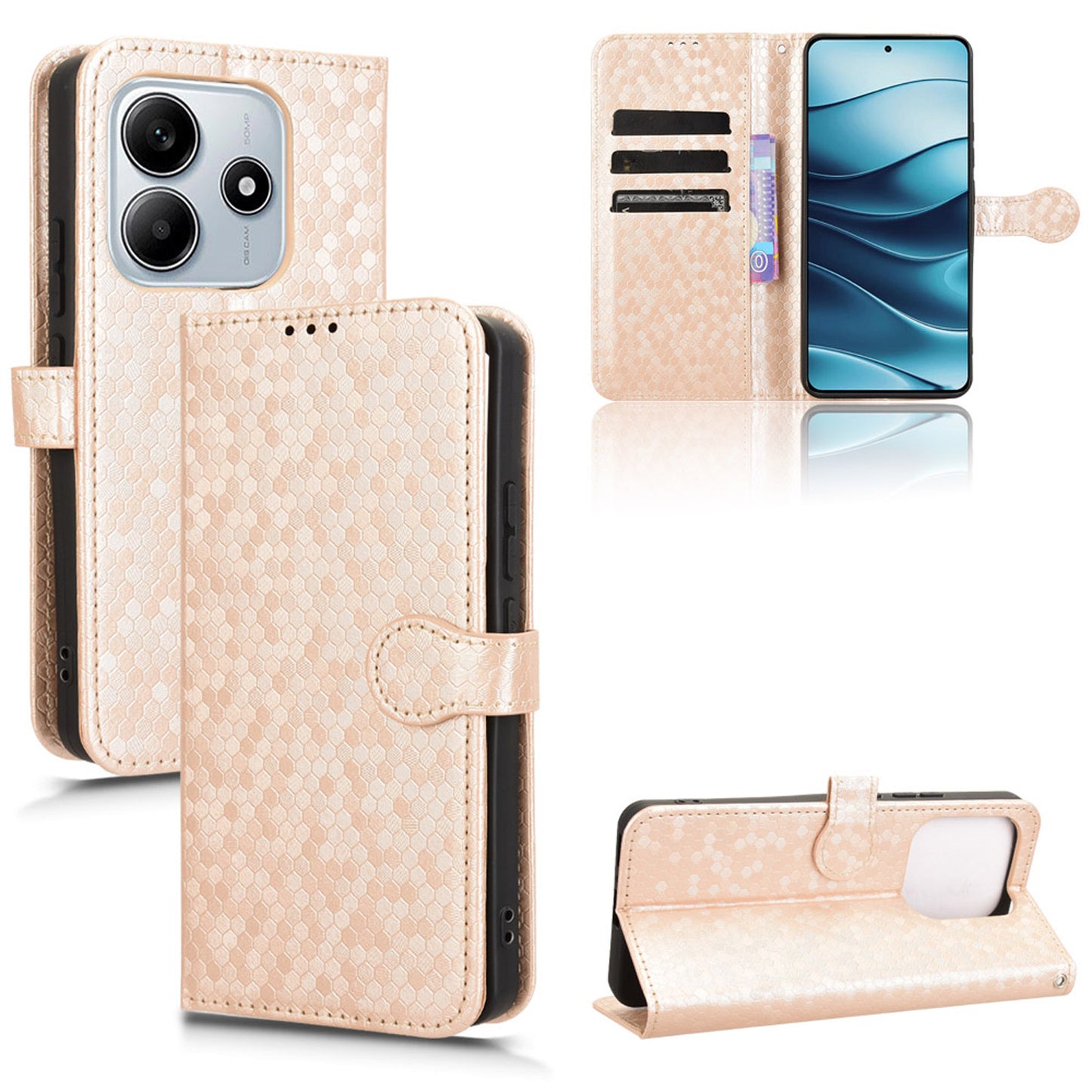 Slim Flip Polka-Dots Phone Case with Card Holder for Redmi Note 14 5G, Rose Gold