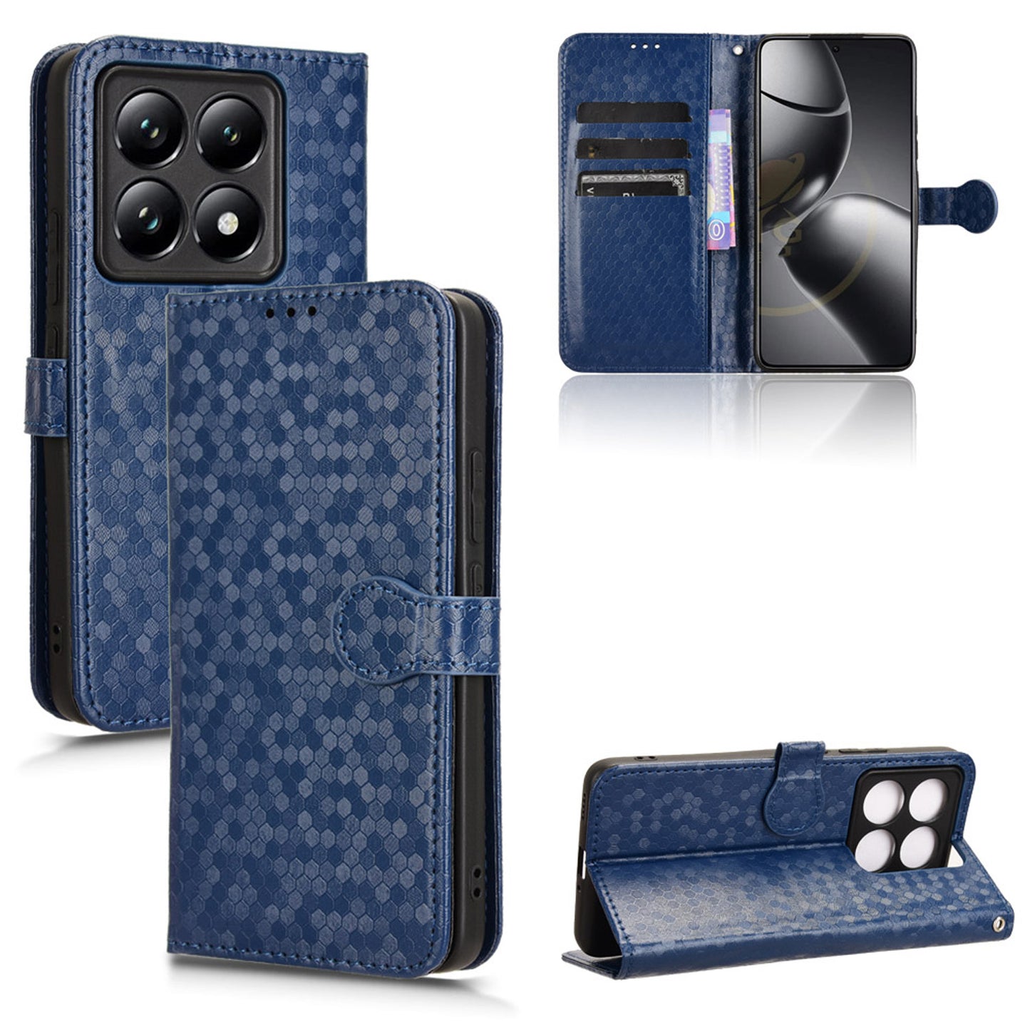 Slim Flip Polka-Dots Phone Case with Card Holder for Xiaomi 14T, Blue