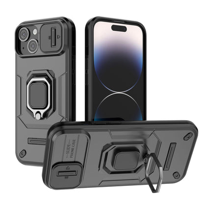 iPhone 15 Plus Heavy Duty Shockproof Case with Built in Slide Camera Lens Cover and Kickstand, Black