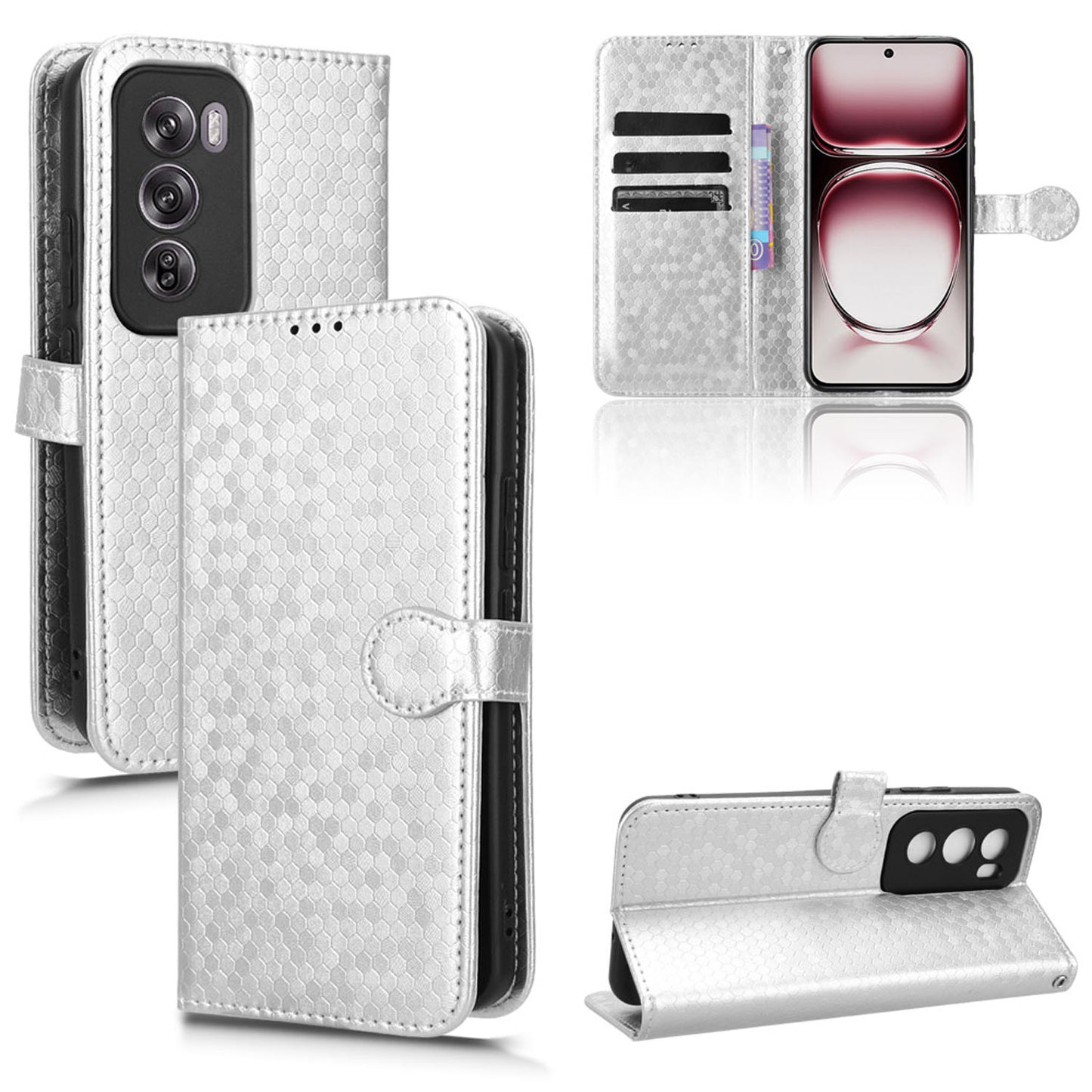 Slim Flip Polka-Dots Phone Case with Card Holder for OPPO Reno12 Pro 5G, Silver