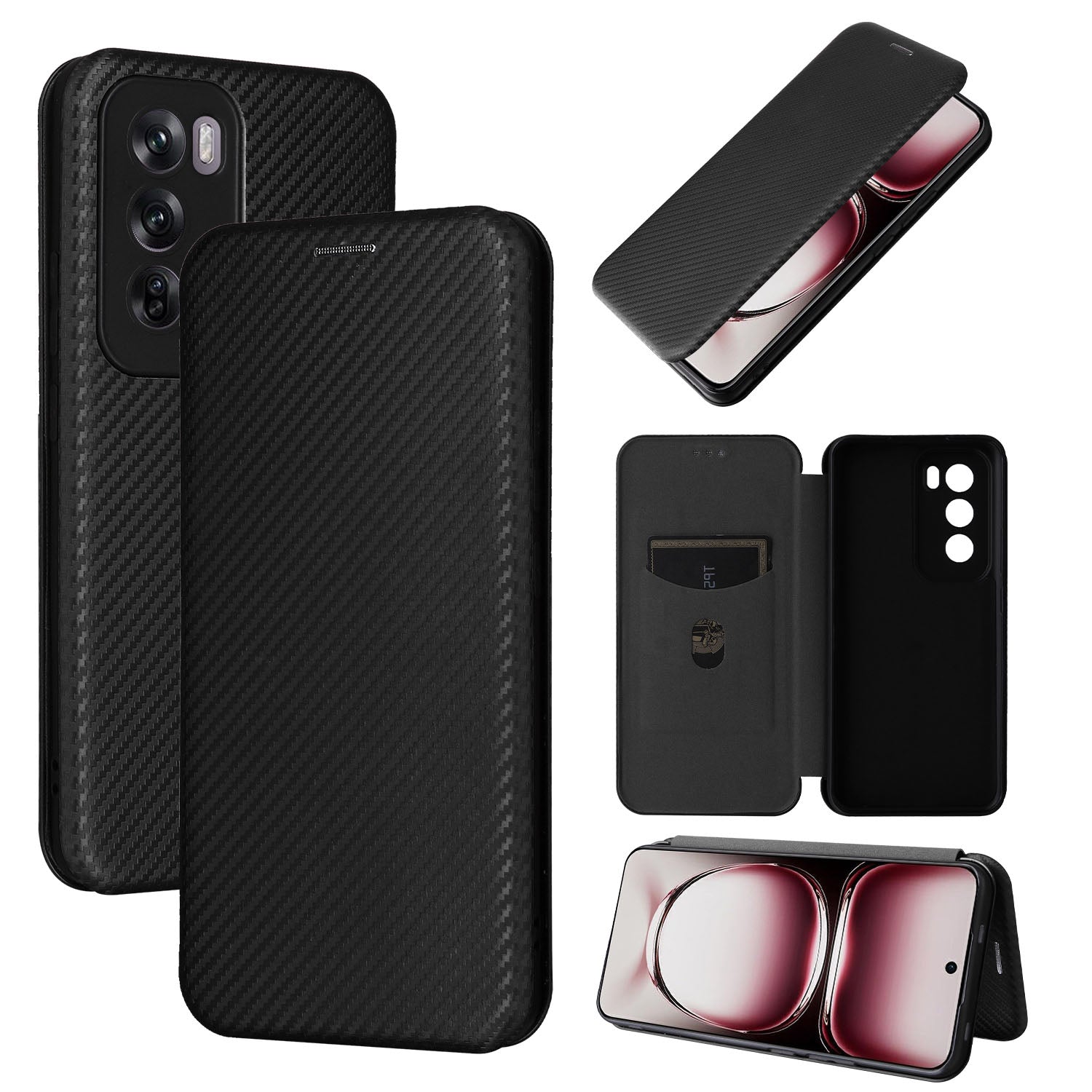 Carbon Fiber Flip Case for OPPO Reno12 Pro 5G, Black