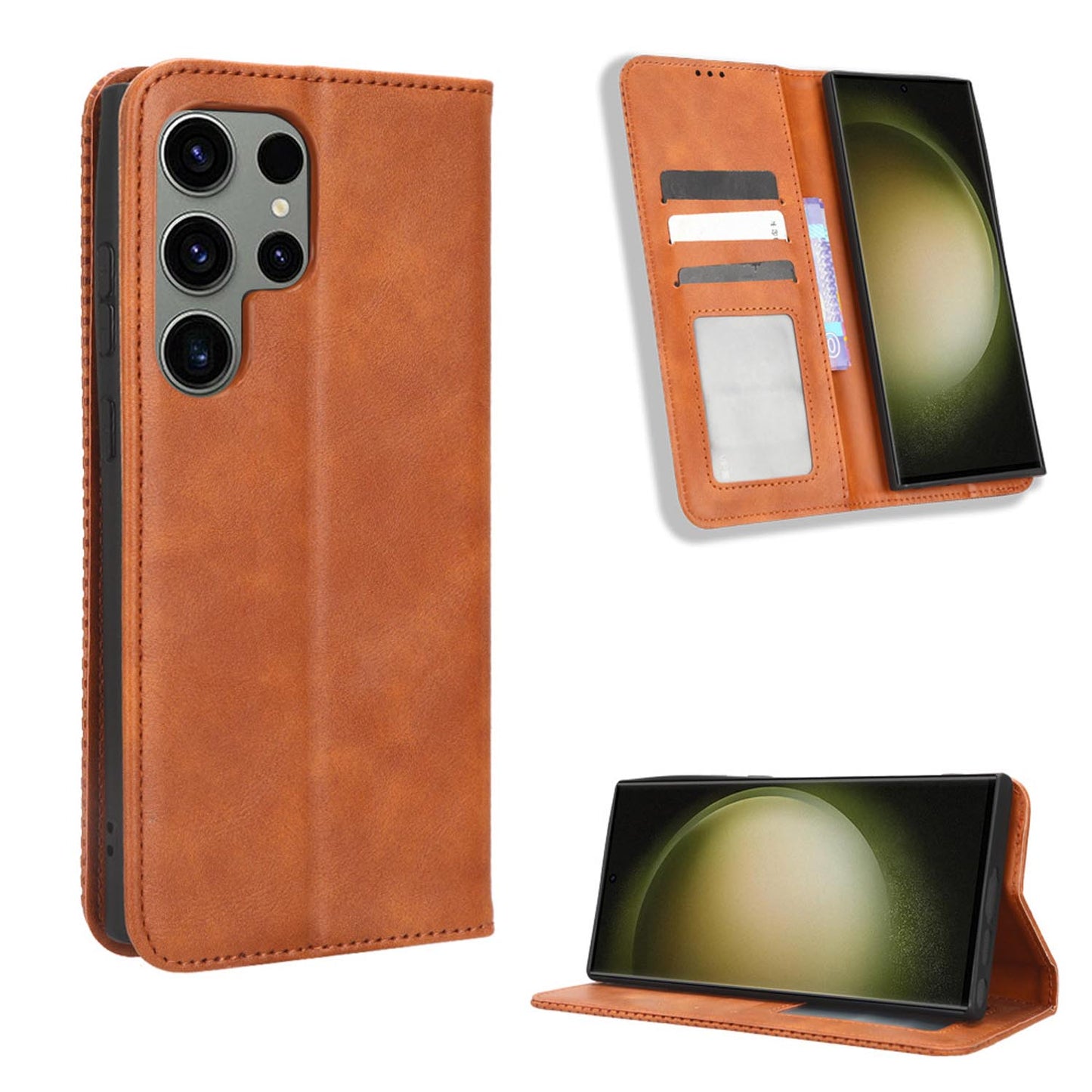 Samsung Galaxy S23 Ultra Flip Folio Case with Card Holder Hidden Magnetic, Brown