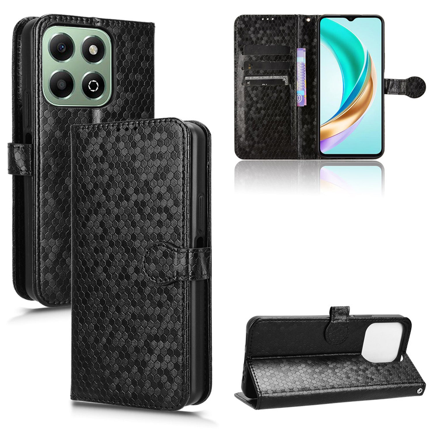 Slim Flip Polka-Dots Phone Case with Card Holder for Honor X6b, Black