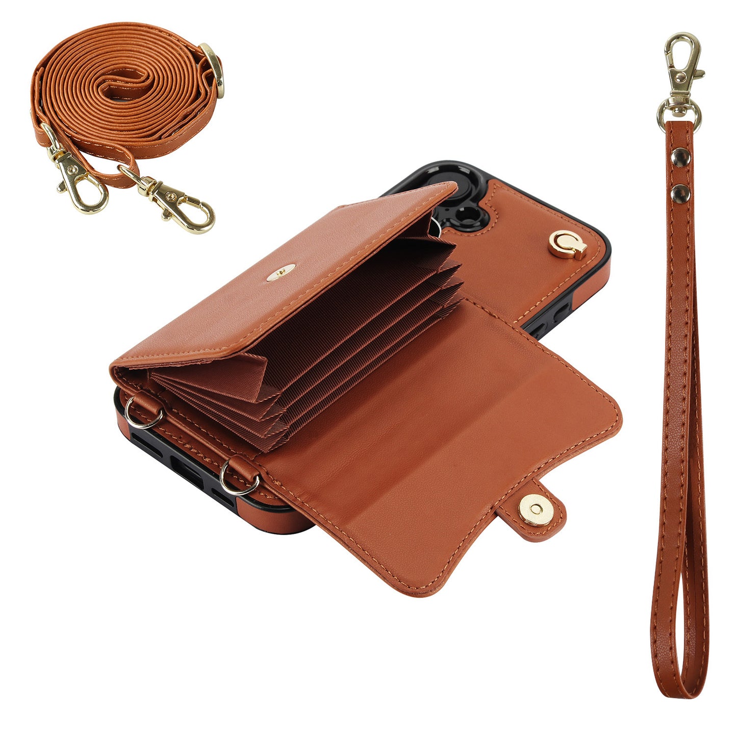 Crossbody Leather Detachable Adjustable Strap Wristlet Flip Case for iPhone 16 Plus, Brown