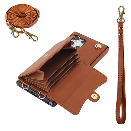 Crossbody Leather Detachable Adjustable Strap Wristlet Flip Case for Samsung Galaxy S24 Ultra, Brown