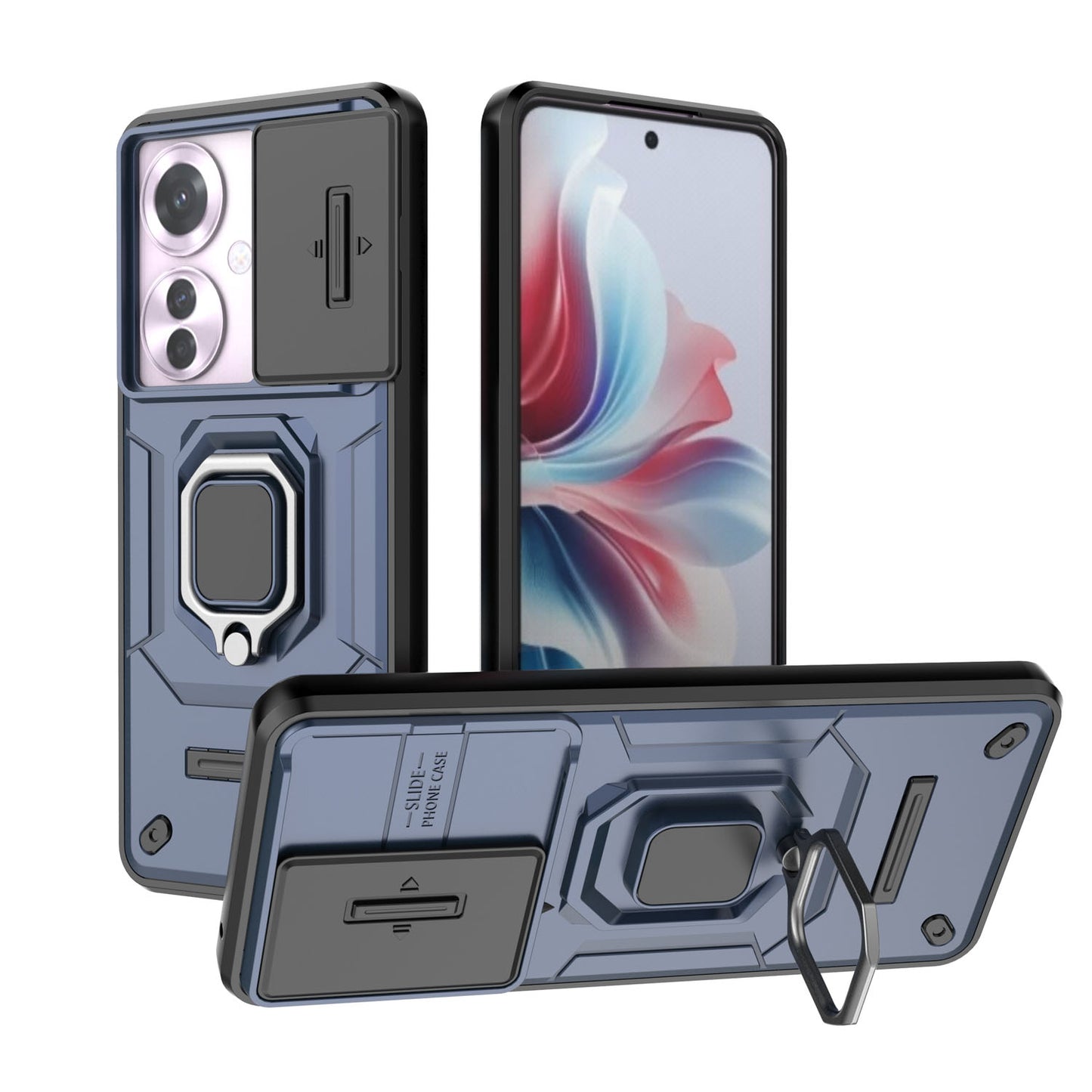 OPPO Reno11 F 5G Heavy Duty Shockproof Case with Built in Slide Camera Lens Cover and Kickstand, Blue