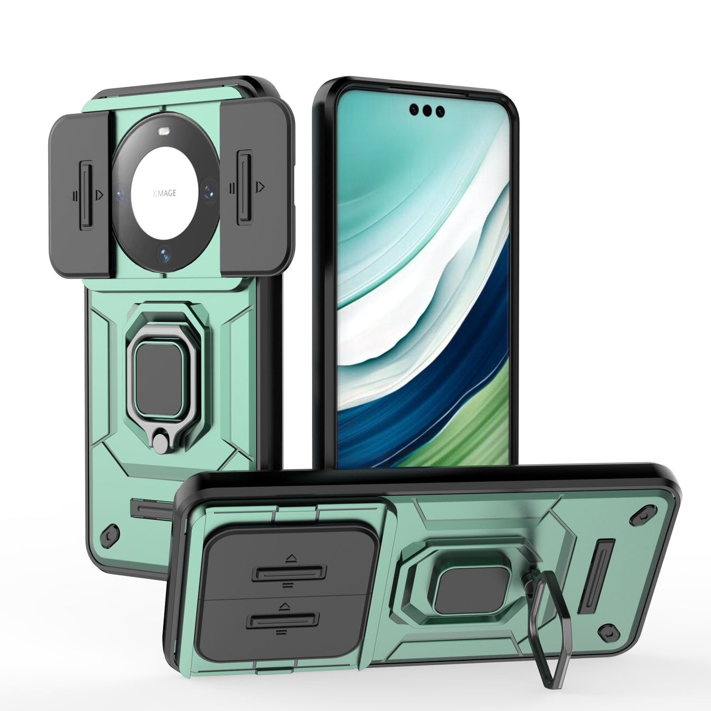 Huawei Mate 60 Pro Heavy Duty Shockproof Case with Built in Slide Camera Lens Cover and Kickstand, Green