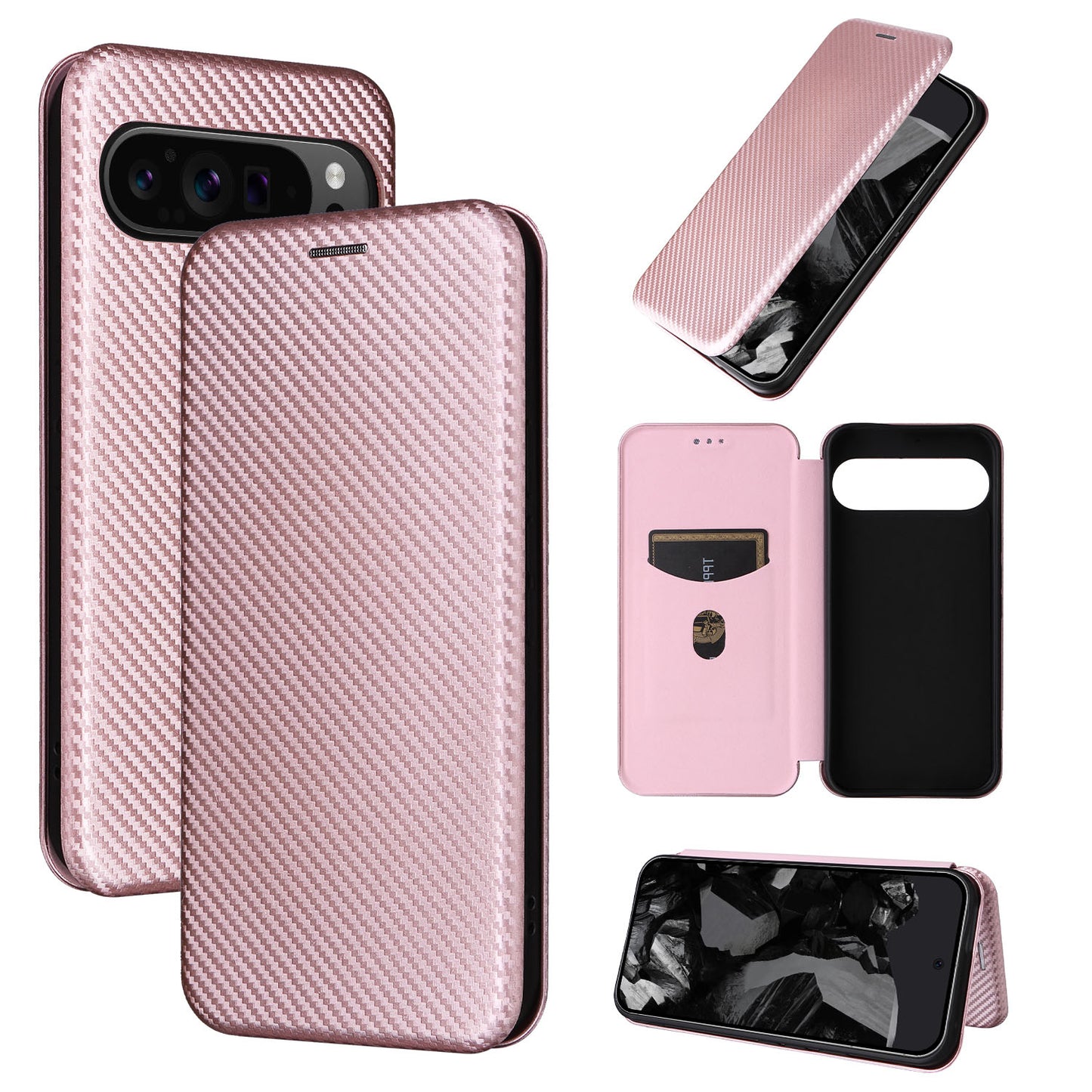 Carbon Fiber Flip Case for Google Pixel 9 Pro XL, Rose Gold