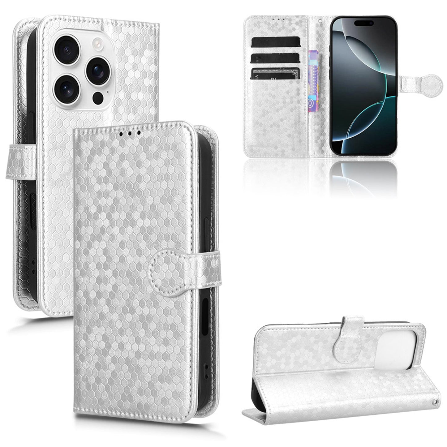 Slim Flip Polka-Dots Phone Case with Card Holder for iPhone 16 Pro, Silver