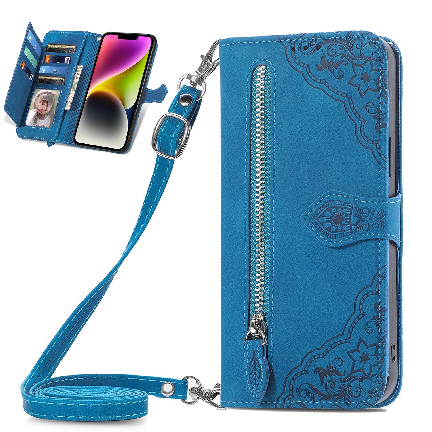 Crossbody Wallet Case Zipper Pocket Protective Cover for Xiaomi Redmi K60 Ultra, Blue