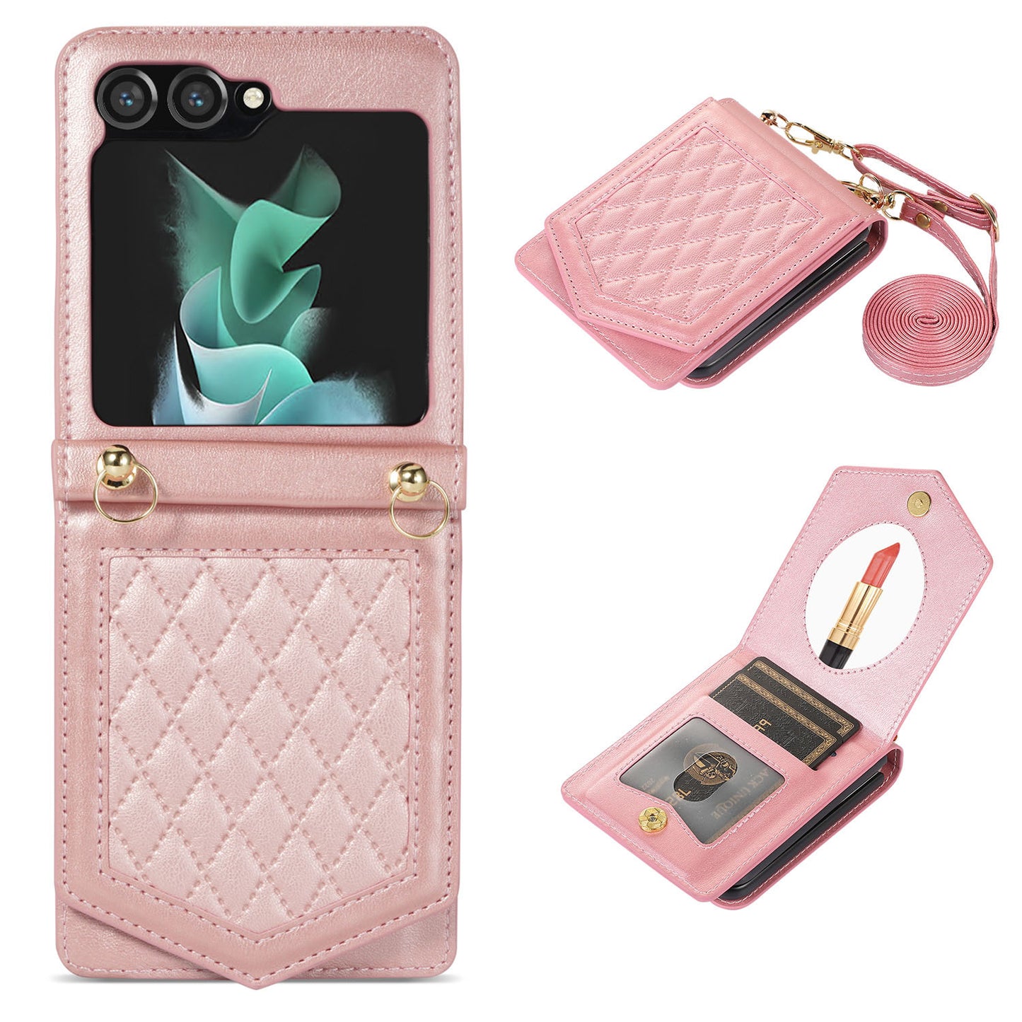 Crossbody Wallet Case with Makeup Mirror for Samsung Galaxy Z Flip6, Rose Gold