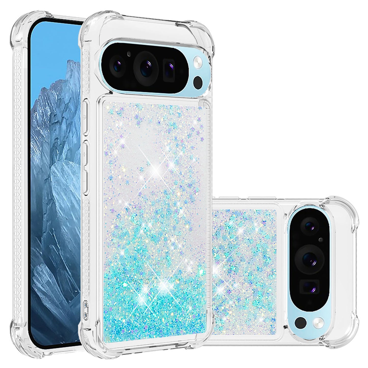 Liquid Flowing Case Anti Fall Proof Soft TPU Bumper Cover for Google Pixel 9 Pro XL, Silver Blue Star