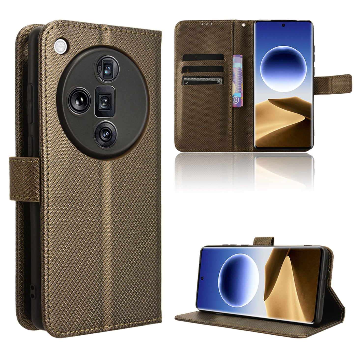 Wallet Case with Credit Card Holder PU Leather Flip Folio Phone Cover for OPPO Find X7 Ultra, Bronzed