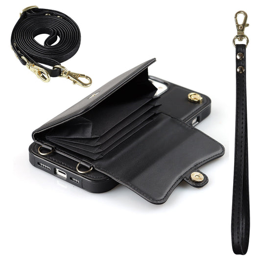 Crossbody Leather Detachable Adjustable Strap Wristlet Flip Case for iPhone 14, Black