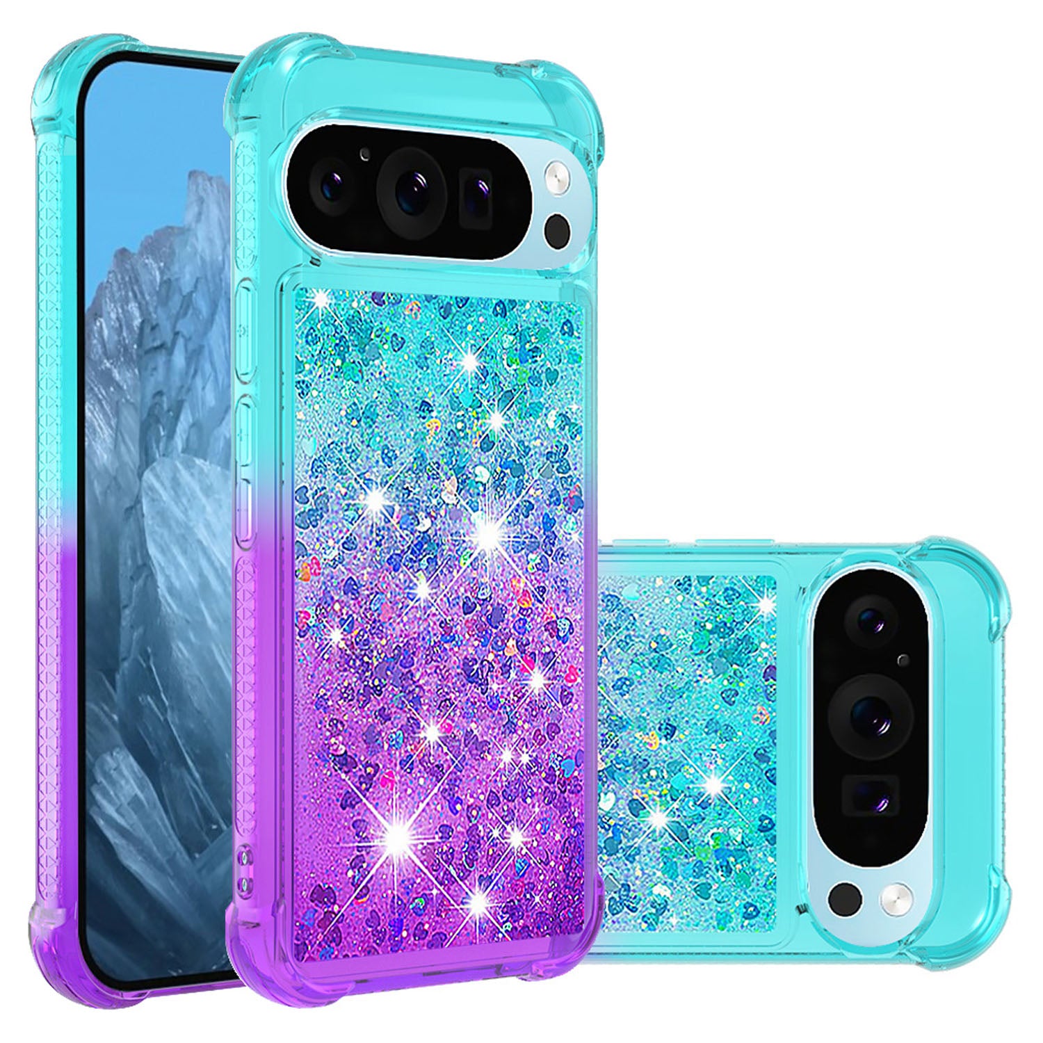 Google Pixel 9 Pro XL Gradient Quicksand Series Bling Liquid TPU Case, Pink&Blue