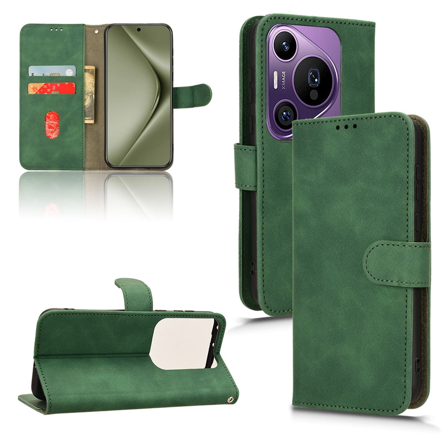 Wallet Case with Card Holder Flip Magnetic Protective Cover for Huawei Pura 70 Ultra, Green