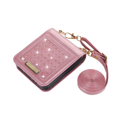 Crossbody Strap Bling Glitter Leather Flip Case for Samsung Galaxy Z Flip5, Rose Gold