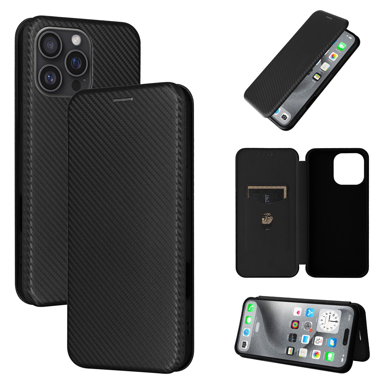 Carbon Fiber Flip Case for iPhone 16 Pro Max, Black