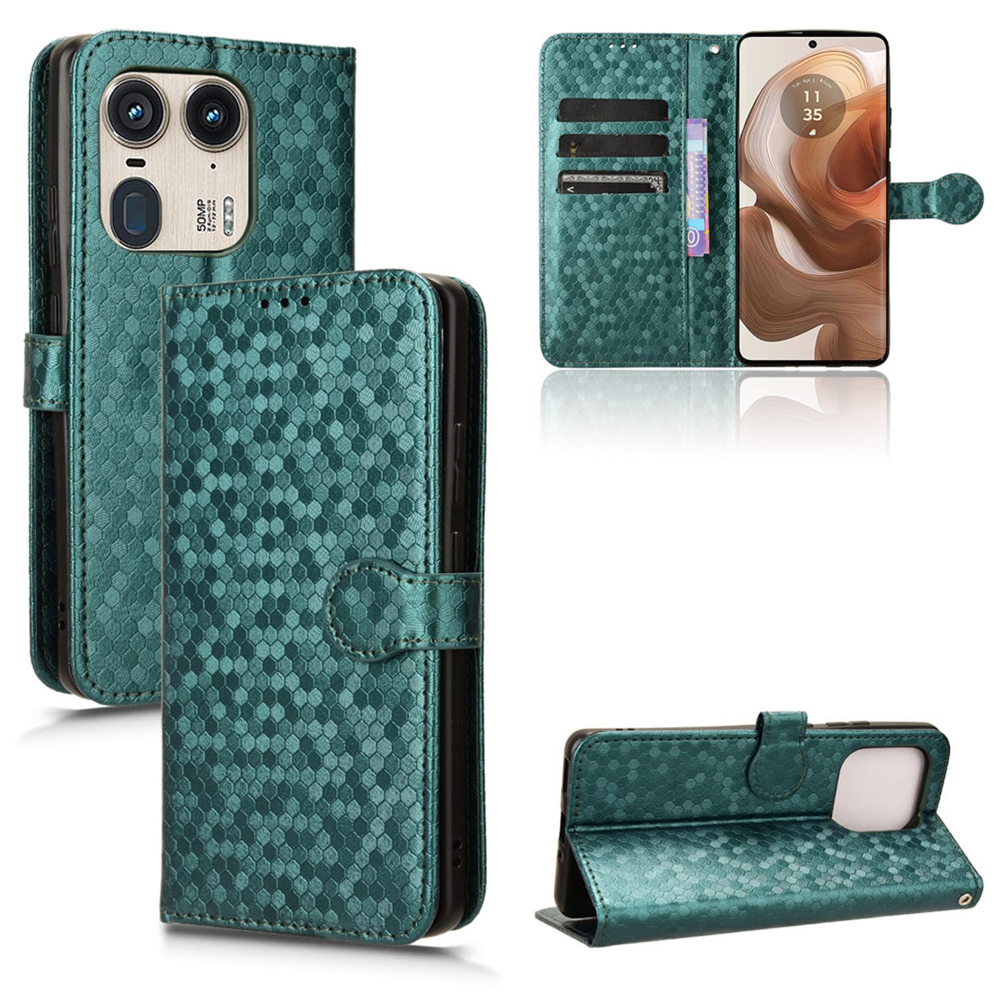 Slim Flip Polka-Dots Phone Case with Card Holder for Motorola Edge 50 Ultra, Green