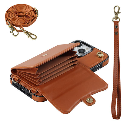 Crossbody Leather Detachable Adjustable Strap Wristlet Flip Case for iPhone 16 Pro Max, Brown