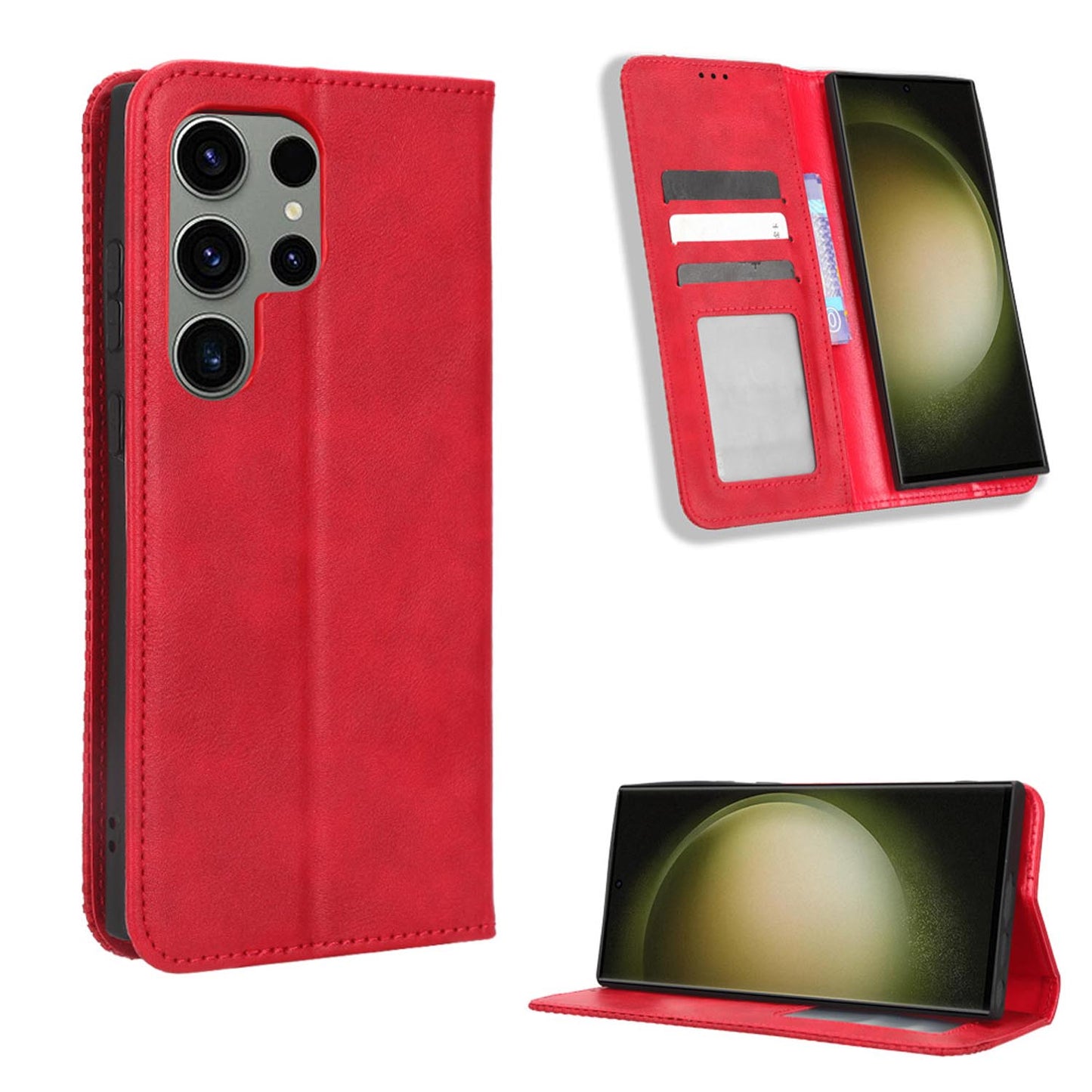 Samsung Galaxy S23 Ultra Flip Folio Case with Card Holder Hidden Magnetic, Red