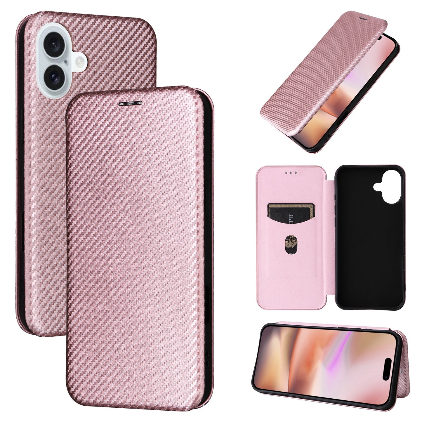 Carbon Fiber Flip Case for iPhone 16 Plus, Rose Gold