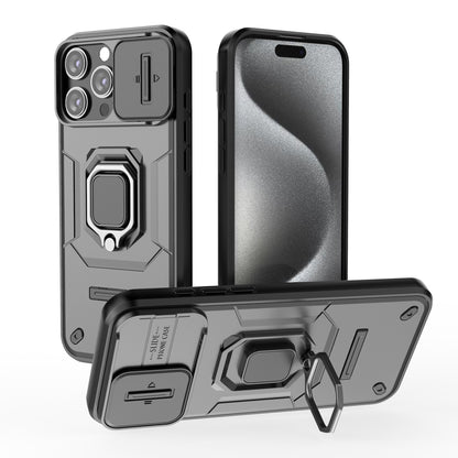 iPhone 16 Pro Max Heavy Duty Shockproof Case with Built in Slide Camera Lens Cover and Kickstand, Black