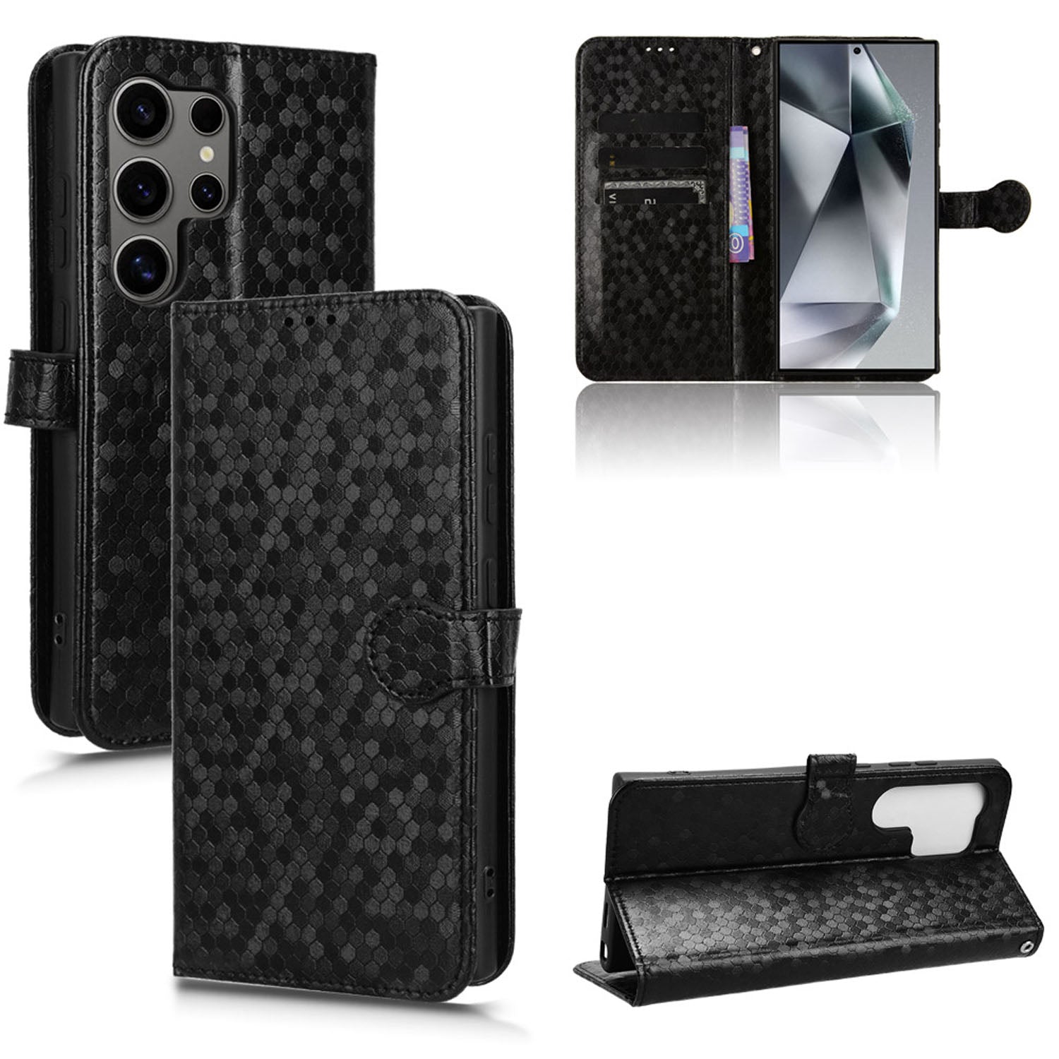 Slim Flip Polka-Dots Phone Case with Card Holder for Samsung Galaxy S24 Ultra, Black