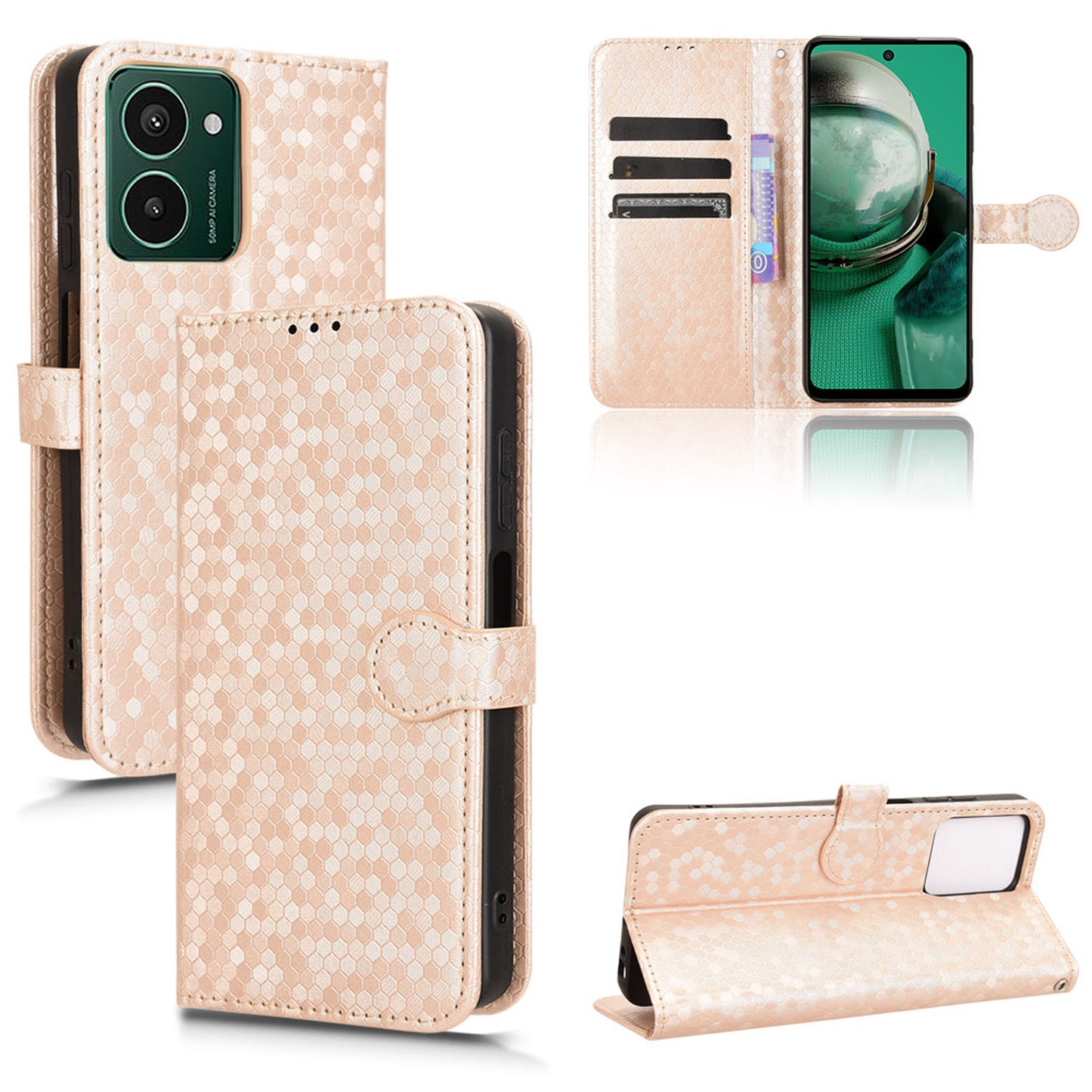 Slim Flip Polka-Dots Phone Case with Card Holder for HMD Pulse+, Rose Gold