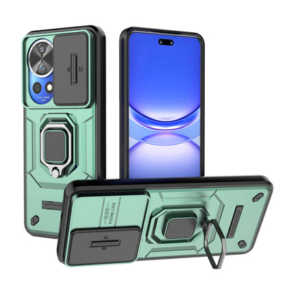 Huawei Nova 12 Pro Heavy Duty Shockproof Case with Built in Slide Camera Lens Cover and Kickstand, Green