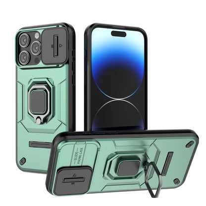 iPhone 15 Pro Heavy Duty Shockproof Case with Built in Slide Camera Lens Cover and Kickstand, Green