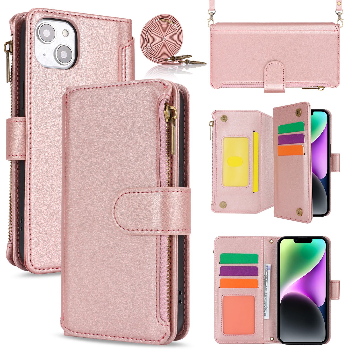 for iPhone 14 Wallet Case with RFID Blocking, Rose Gold