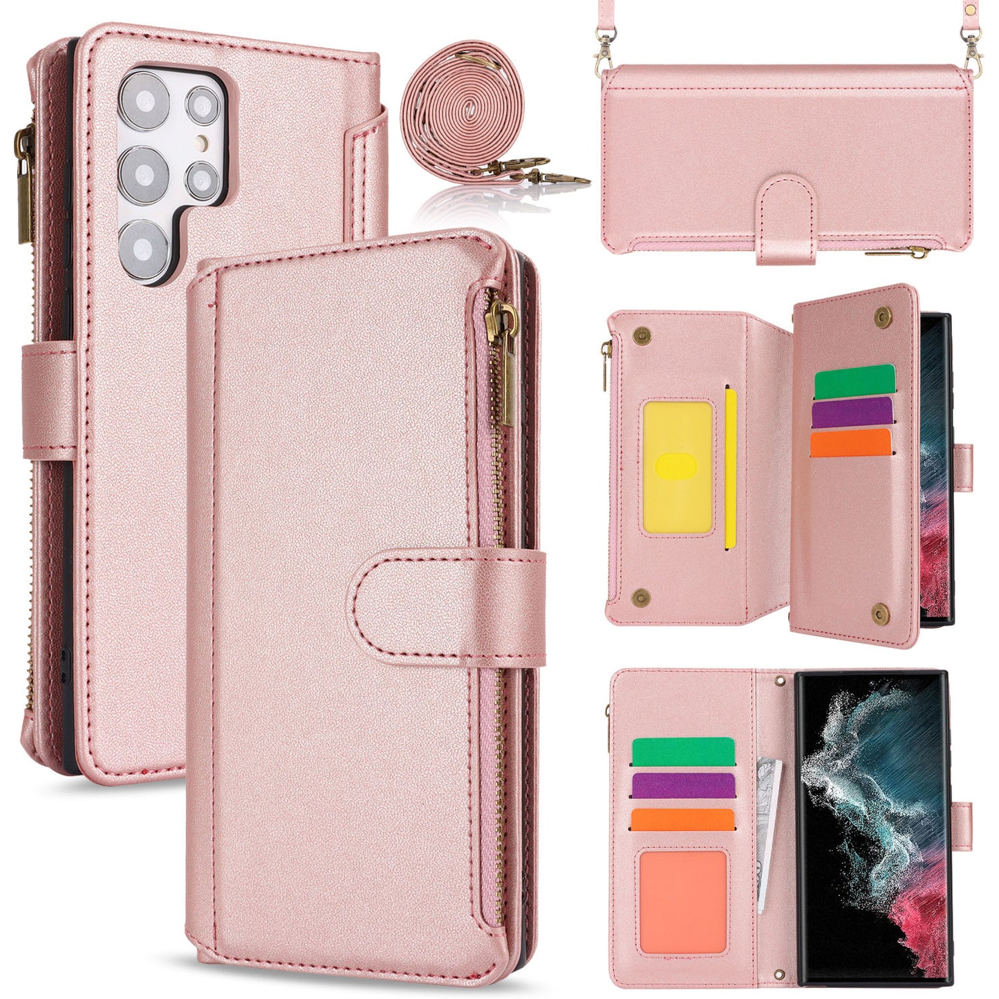 for Samsung Galaxy S22 Ultra Wallet Case with RFID Blocking, Rose Gold