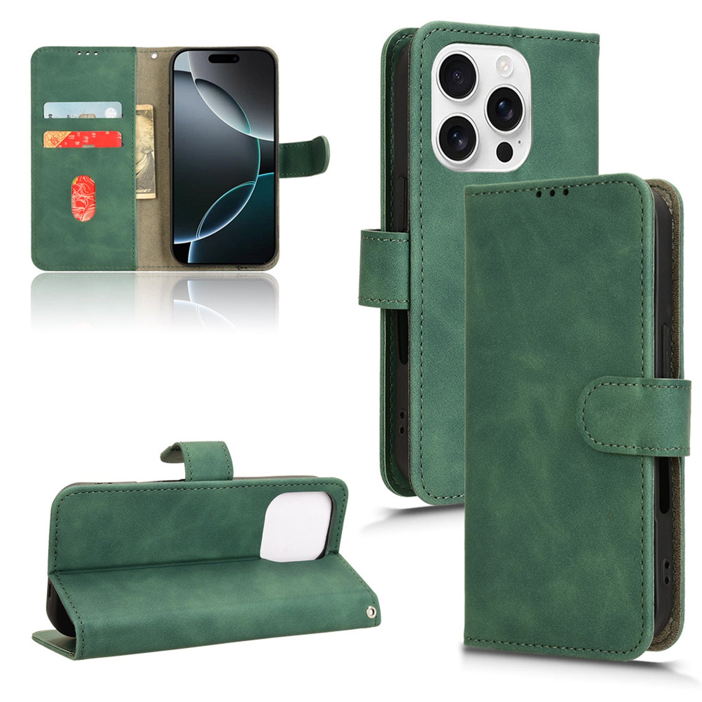 Wallet Case with Card Holder Flip Magnetic Protective Cover for iPhone 16 Pro, Green