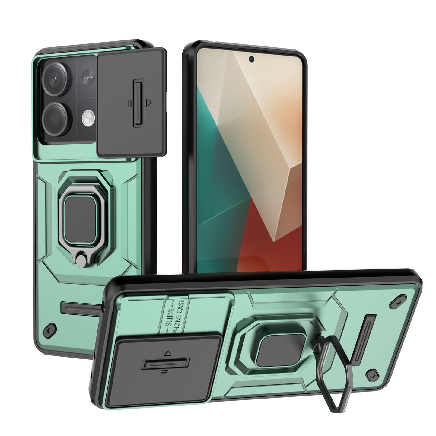 Xiaomi Redmi Note 13 5G Heavy Duty Shockproof Case with Built in Slide Camera Lens Cover and Kickstand, Green