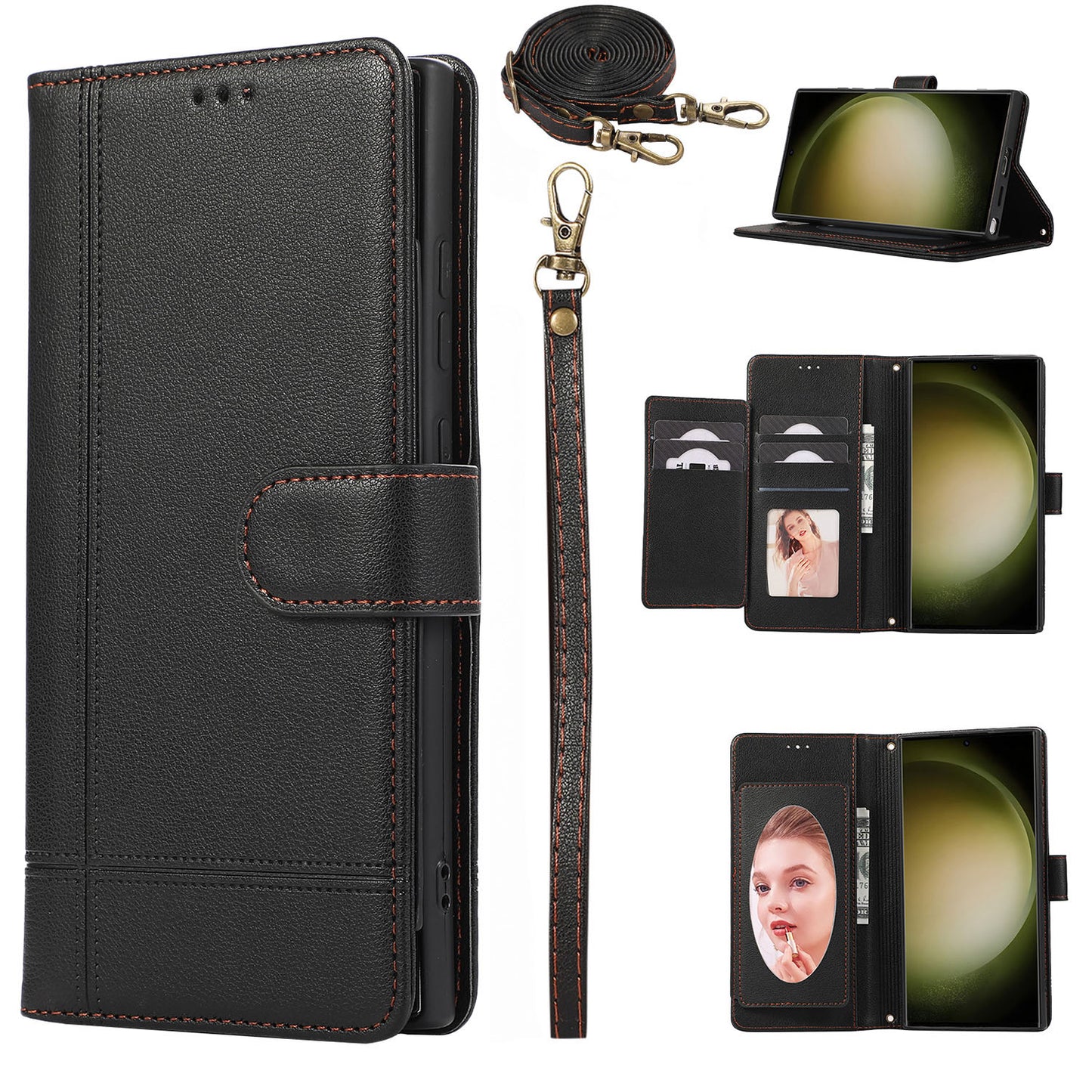 for iPhone 16e Wallet Case with Adjustable Lanyard Strap Mirror Bracket, Black