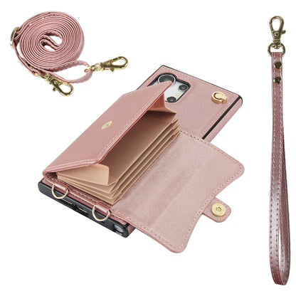 Crossbody Leather Detachable Adjustable Strap Wristlet Flip Case for Samsung Galaxy S24 Ultra, Rose Gold